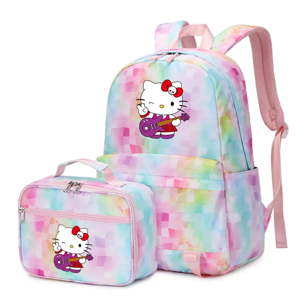 Kawaii Hello Kitty Girls Boys Kids 2 pcs Backpack with Lunch Bag Rucksack Casual School Bags for Student Teenagers Women Sets