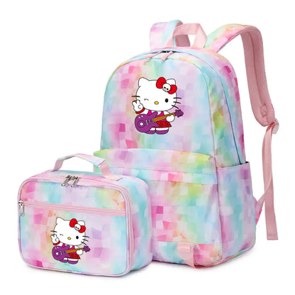 Kawaii Hello Kitty Girls Boys Kids 2 pcs Backpack with Lunch Bag Rucksack Casual School Bags for Student Teenagers Women Sets