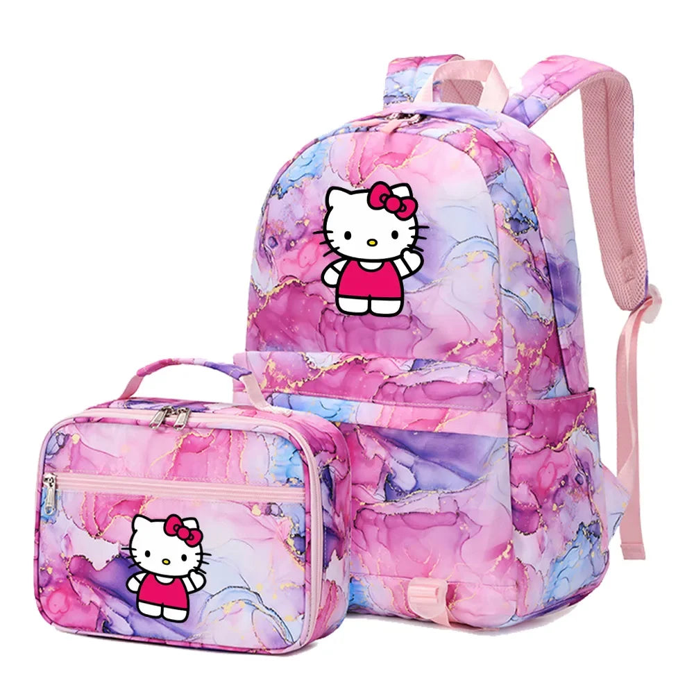 Kawaii Hello Kitty Girls Boys Kids 2 pcs Backpack with Lunch Bag Rucksack Casual School Bags for Student Teenagers Women Sets