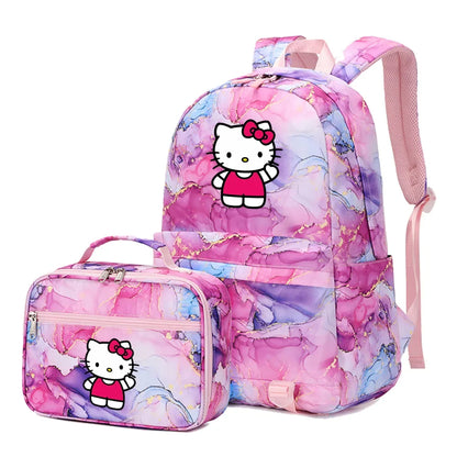 Kawaii Hello Kitty Girls Boys Kids 2 pcs Backpack with Lunch Bag Rucksack Casual School Bags for Student Teenagers Women Sets