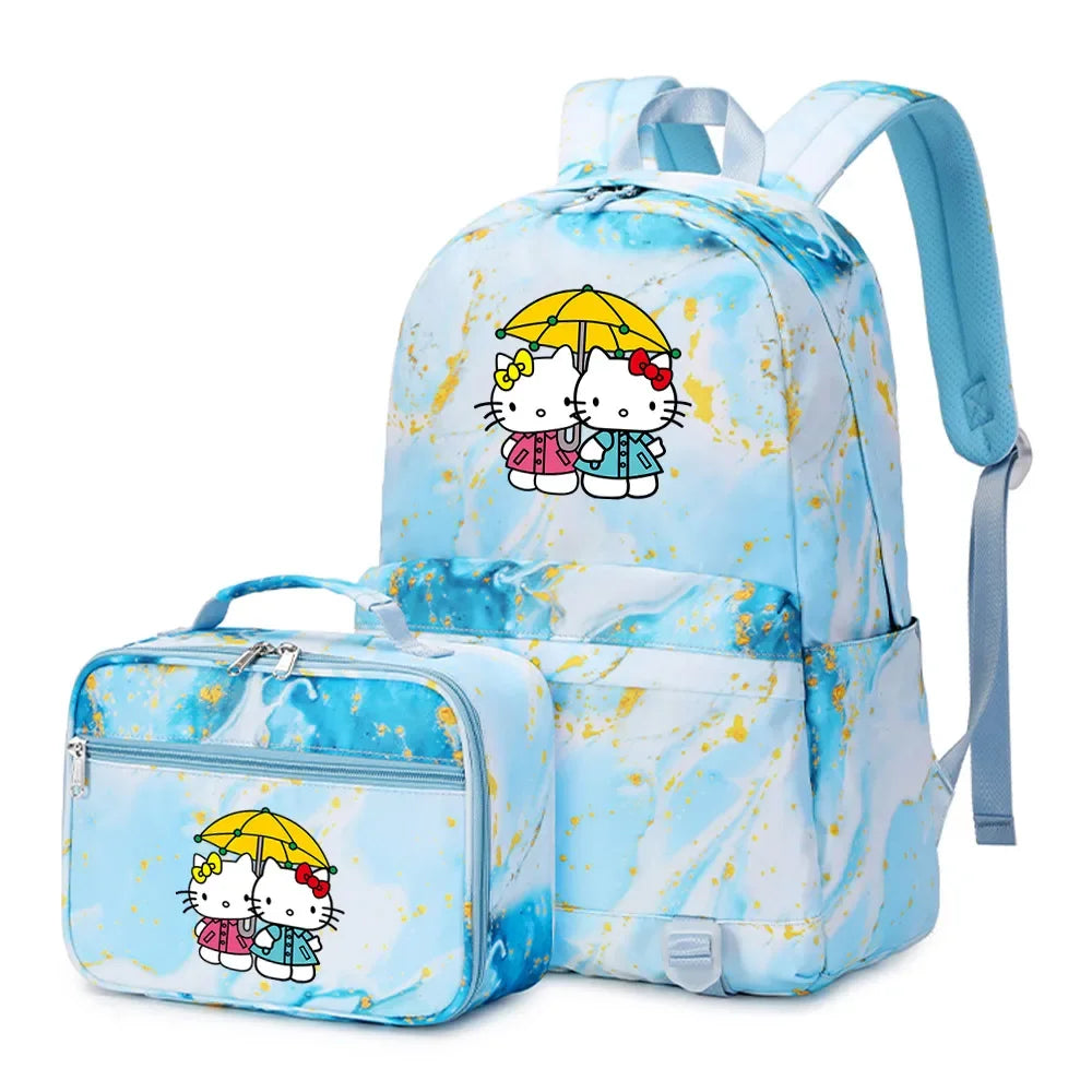 Kawaii Hello Kitty Girls Boys Kids 2 pcs Backpack with Lunch Bag Rucksack Casual School Bags for Student Teenagers Women Sets