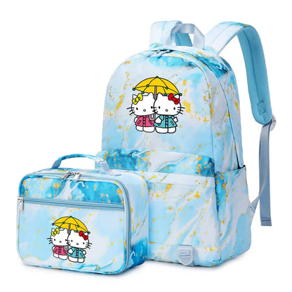 Kawaii Hello Kitty Girls Boys Kids 2 pcs Backpack with Lunch Bag Rucksack Casual School Bags for Student Teenagers Women Sets