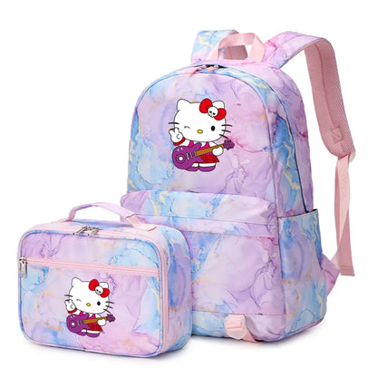 Kawaii Hello Kitty Girls Boys Kids 2 pcs Backpack with Lunch Bag Rucksack Casual School Bags for Student Teenagers Women Sets