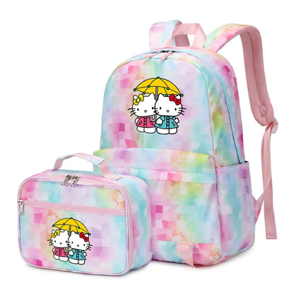 Kawaii Hello Kitty Girls Boys Kids 2 pcs Backpack with Lunch Bag Rucksack Casual School Bags for Student Teenagers Women Sets
