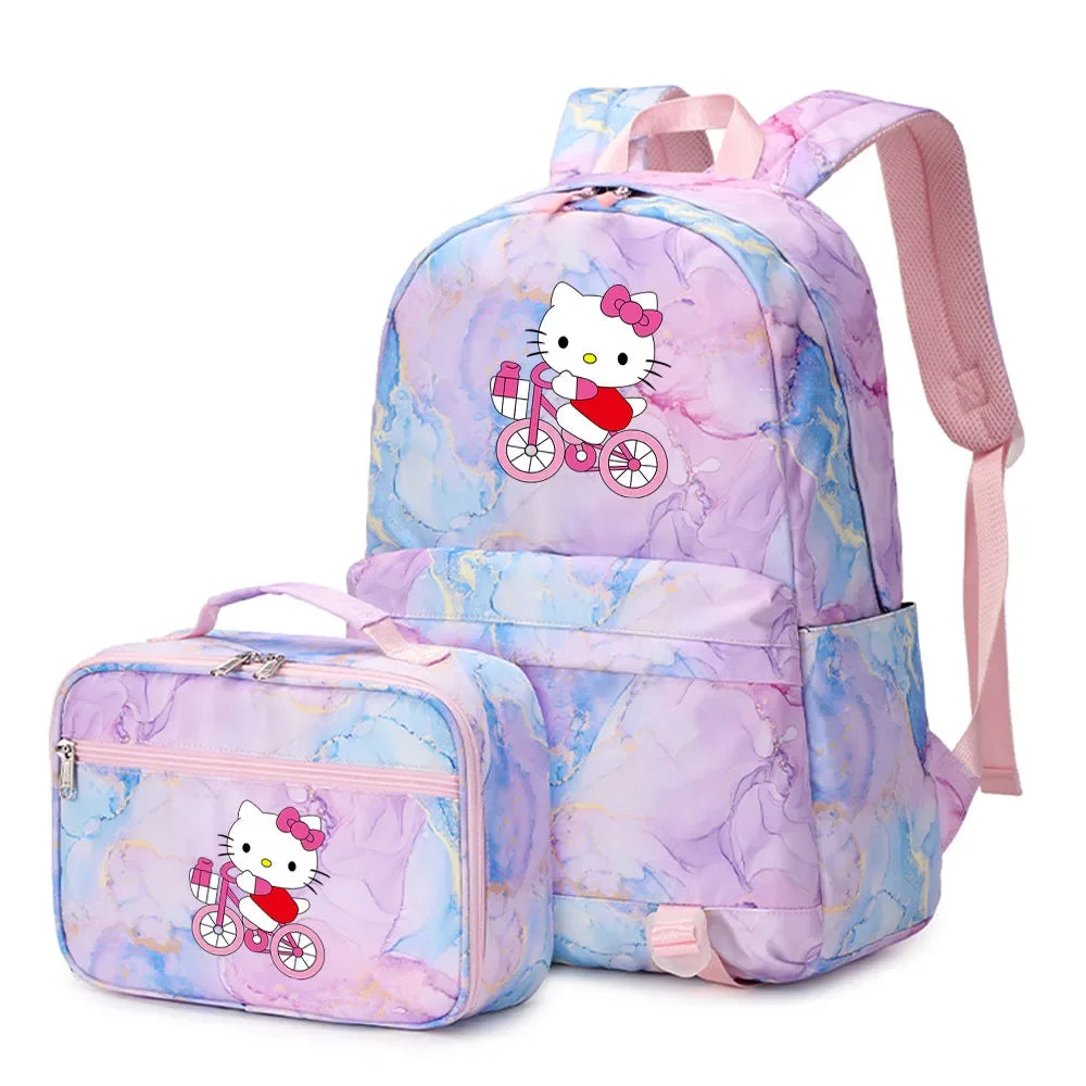 Kawaii Hello Kitty Girls Boys Kids 2 pcs Backpack with Lunch Bag Rucksack Casual School Bags for Student Teenagers Women Sets