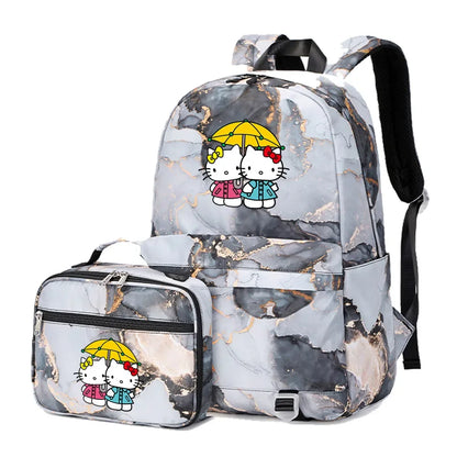 Kawaii Hello Kitty Girls Boys Kids 2 pcs Backpack with Lunch Bag Rucksack Casual School Bags for Student Teenagers Women Sets