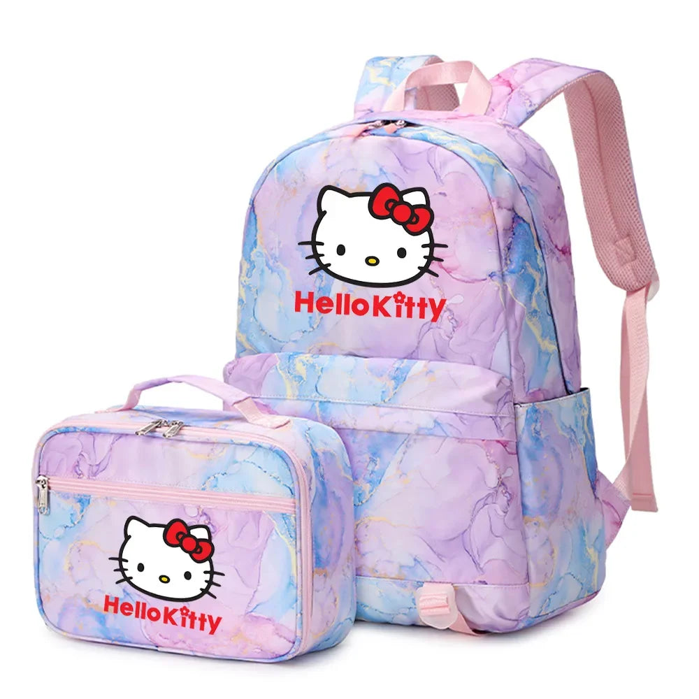 Kawaii Hello Kitty Girls Boys Kids 2 pcs Backpack with Lunch Bag Rucksack Casual School Bags for Student Teenagers Women Sets