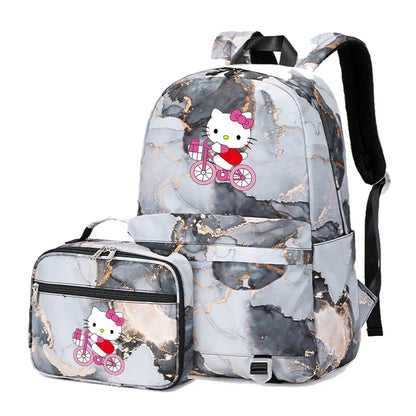 Kawaii Hello Kitty Girls Boys Kids 2 pcs Backpack with Lunch Bag Rucksack Casual School Bags for Student Teenagers Women Sets