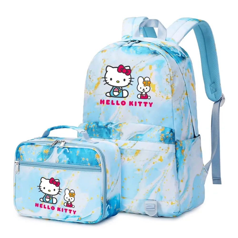 Kawaii Hello Kitty Girls Boys Kids 2 pcs Backpack with Lunch Bag Rucksack Casual School Bags for Student Teenagers Women Sets