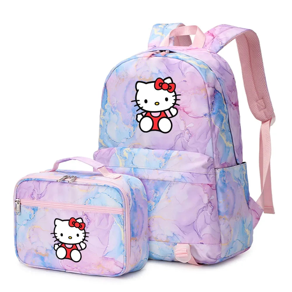 Kawaii Hello Kitty Girls Boys Kids 2 pcs Backpack with Lunch Bag Rucksack Casual School Bags for Student Teenagers Women Sets