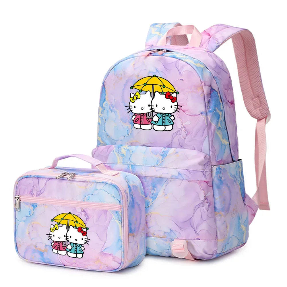 Kawaii Hello Kitty Girls Boys Kids 2 pcs Backpack with Lunch Bag Rucksack Casual School Bags for Student Teenagers Women Sets