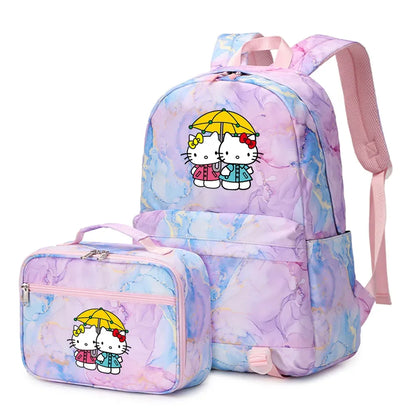 Kawaii Hello Kitty Girls Boys Kids 2 pcs Backpack with Lunch Bag Rucksack Casual School Bags for Student Teenagers Women Sets