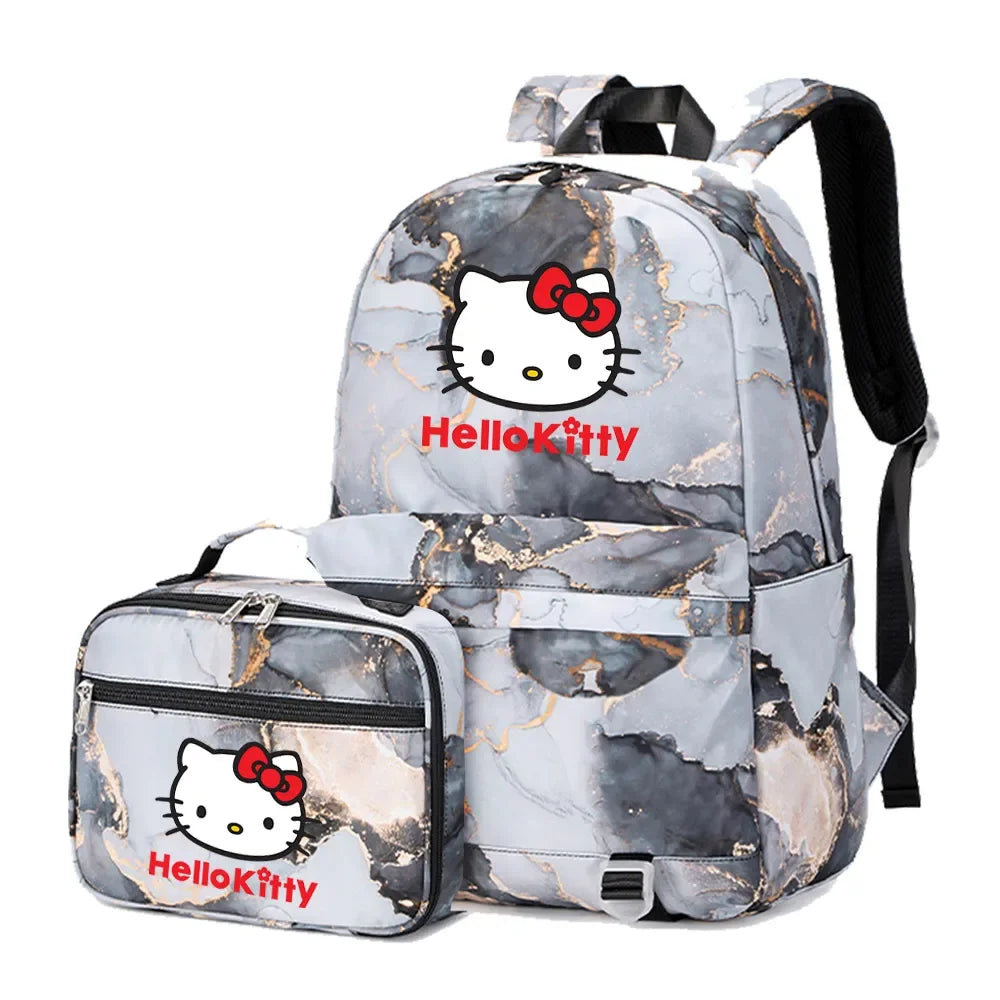 Kawaii Hello Kitty Girls Boys Kids 2 pcs Backpack with Lunch Bag Rucksack Casual School Bags for Student Teenagers Women Sets