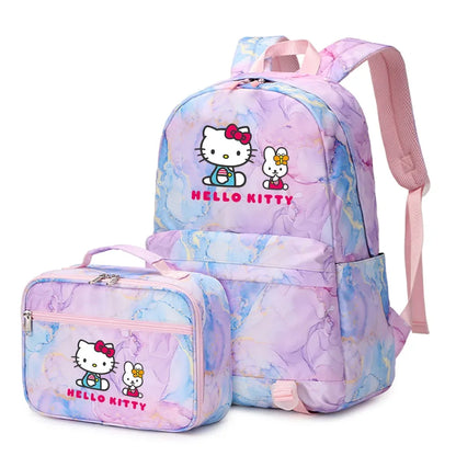 Kawaii Hello Kitty Girls Boys Kids 2 pcs Backpack with Lunch Bag Rucksack Casual School Bags for Student Teenagers Women Sets