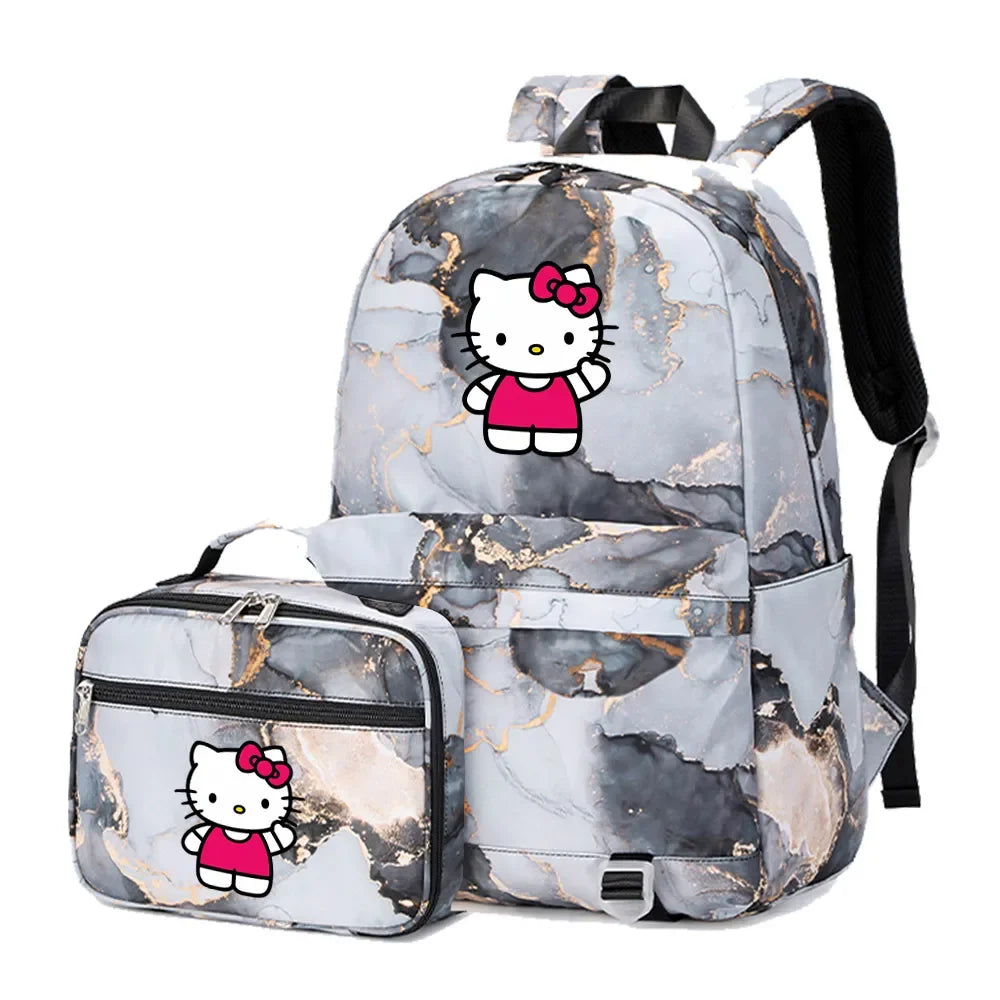 Kawaii Hello Kitty Girls Boys Kids 2 pcs Backpack with Lunch Bag Rucksack Casual School Bags for Student Teenagers Women Sets