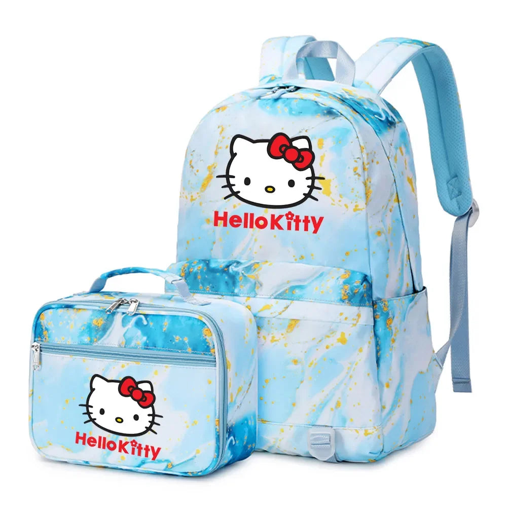 Kawaii Hello Kitty Girls Boys Kids 2 pcs Backpack with Lunch Bag Rucksack Casual School Bags for Student Teenagers Women Sets
