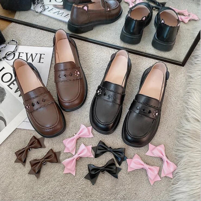 Kawaii Japan Style Bear ears Shoes Girl Student JK Shoes Low heels Female Round Toe Butterfly knot Loafers Casual Shoes