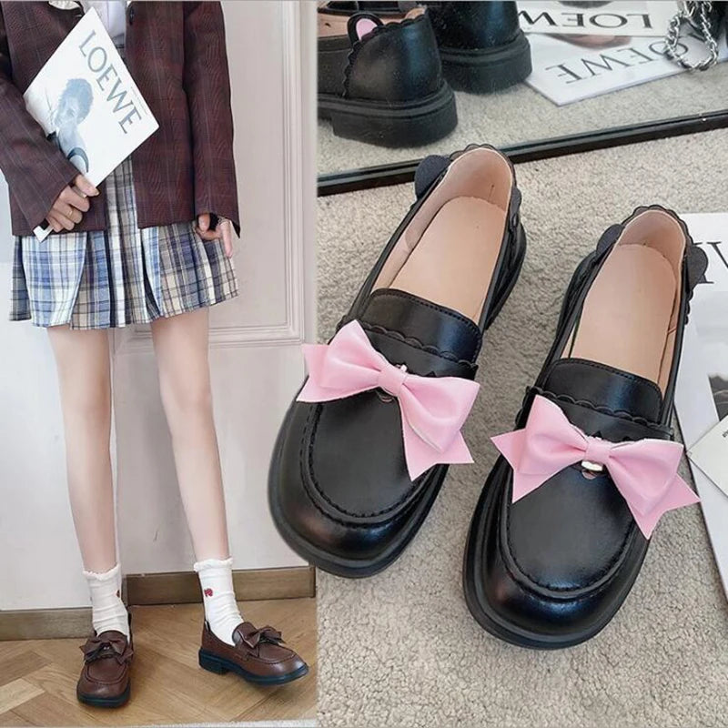 Kawaii Japan Style Bear ears Shoes Girl Student JK Shoes Low heels Female Round Toe Butterfly knot Loafers Casual Shoes