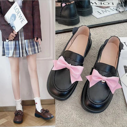 Kawaii Japan Style Bear ears Shoes Girl Student JK Shoes Low heels Female Round Toe Butterfly knot Loafers Casual Shoes