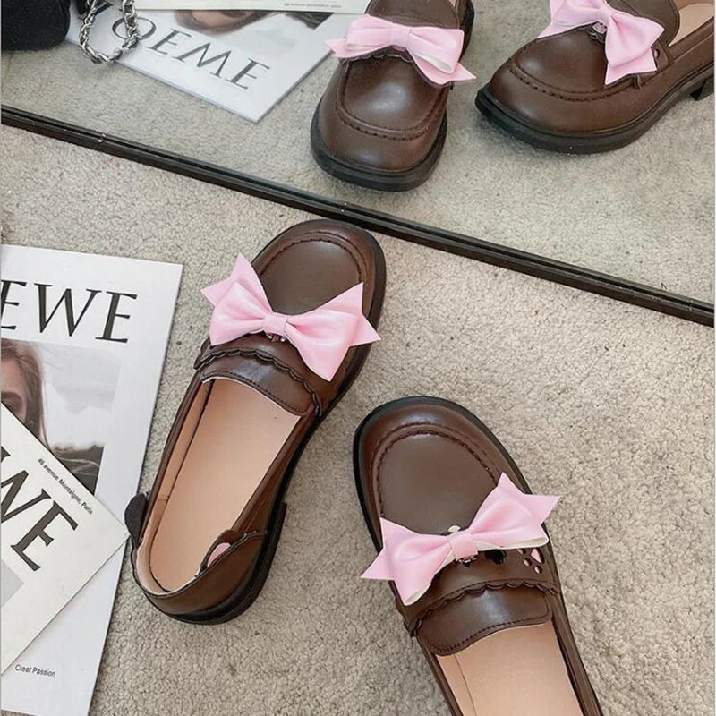 Kawaii Japan Style Bear ears Shoes Girl Student JK Shoes Low heels Female Round Toe Butterfly knot Loafers Casual Shoes