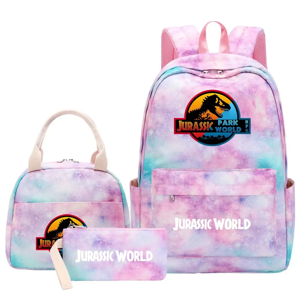 Kawaii Jurassic World Park Girls Kids Pen Lunch Bags Bookbags 3 Pcs Women Teenagers Schoolbags Travel Laptop Rainbow Backpack