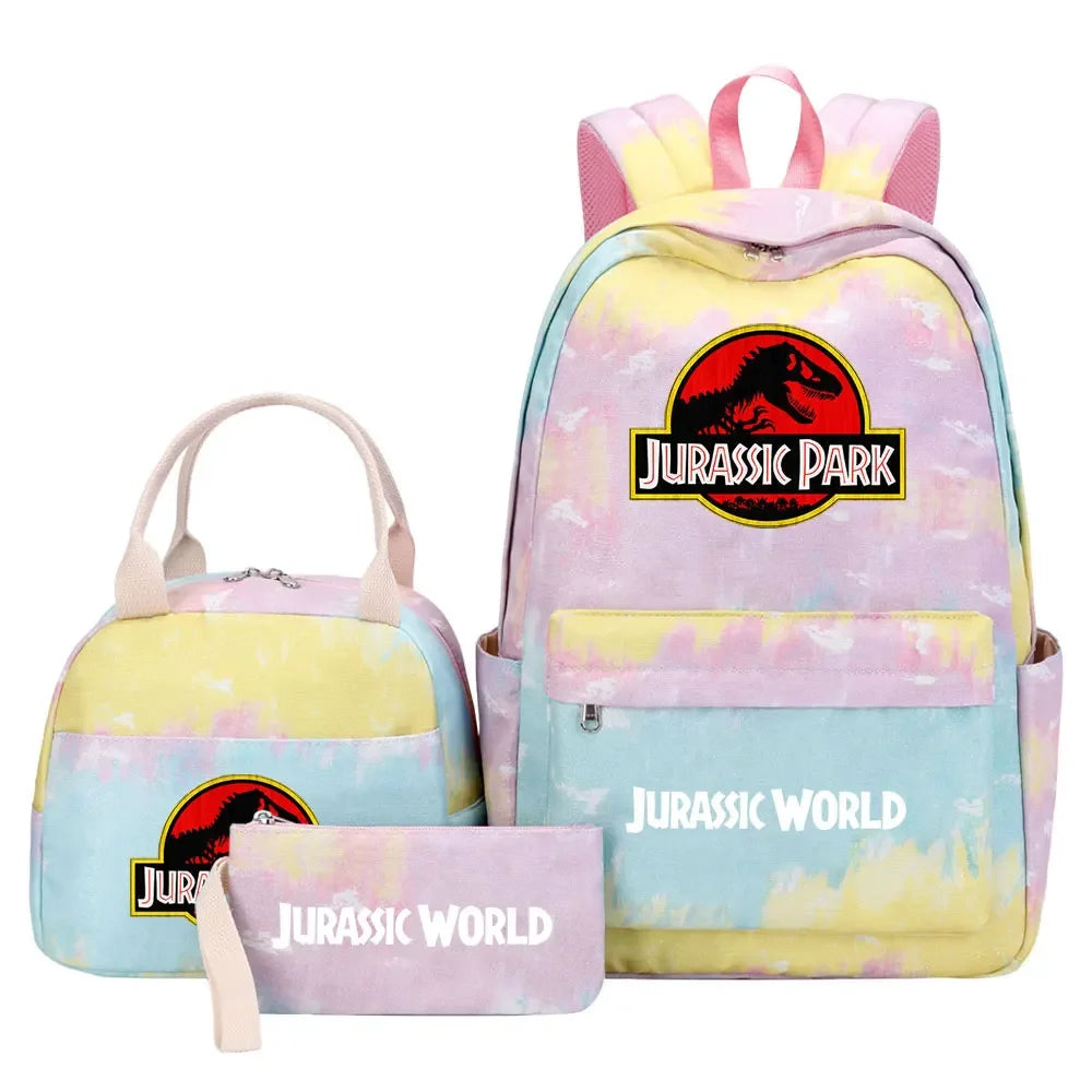 Kawaii Jurassic World Park Girls Kids Pen Lunch Bags Bookbags 3 Pcs Women Teenagers Schoolbags Travel Laptop Rainbow Backpack