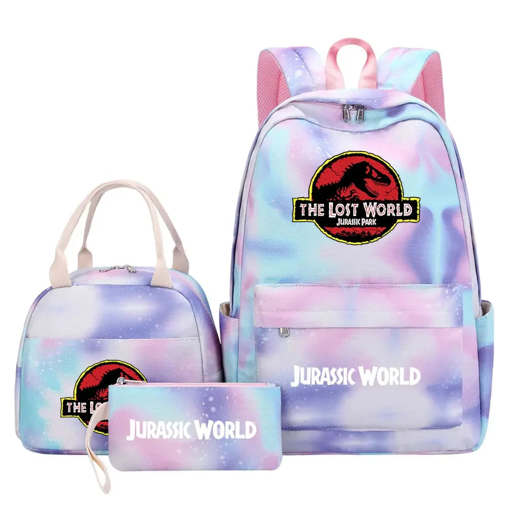 Kawaii Jurassic World Park Girls Kids Pen Lunch Bags Bookbags 3 Pcs Women Teenagers Schoolbags Travel Laptop Rainbow Backpack