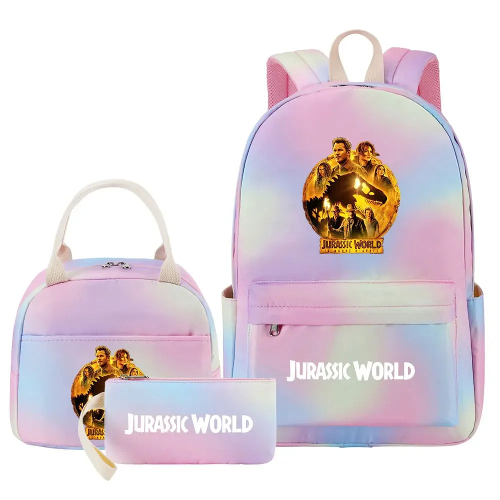 Kawaii Jurassic World Park Girls Kids Pen Lunch Bags Bookbags 3 Pcs Women Teenagers Schoolbags Travel Laptop Rainbow Backpack