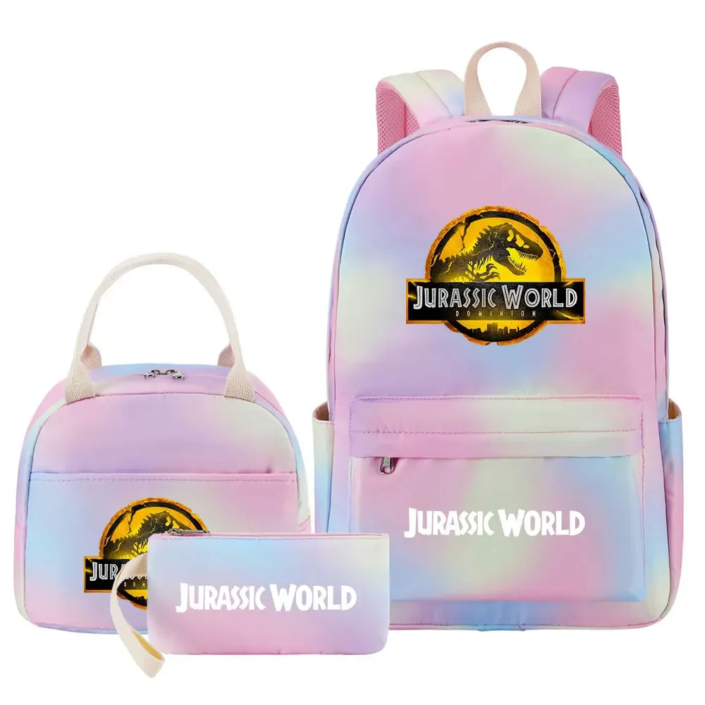 Kawaii Jurassic World Park Girls Kids Pen Lunch Bags Bookbags 3 Pcs Women Teenagers Schoolbags Travel Laptop Rainbow Backpack
