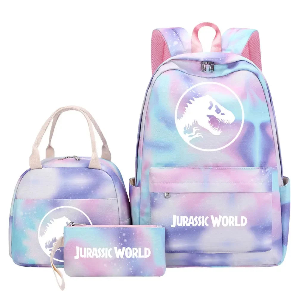 Kawaii Jurassic World Park Girls Kids Pen Lunch Bags Bookbags 3 Pcs Women Teenagers Schoolbags Travel Laptop Rainbow Backpack