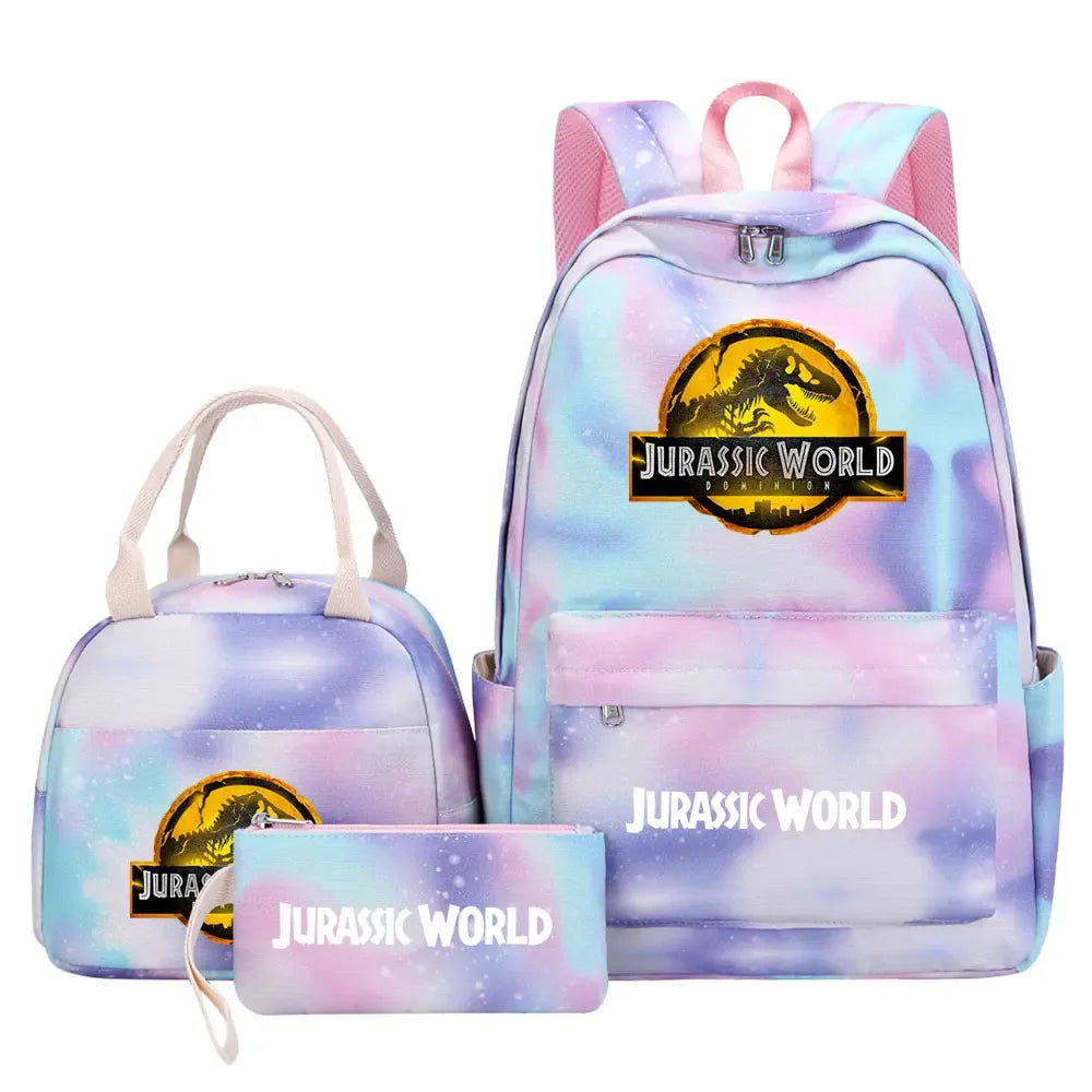 Kawaii Jurassic World Park Girls Kids Pen Lunch Bags Bookbags 3 Pcs Women Teenagers Schoolbags Travel Laptop Rainbow Backpack