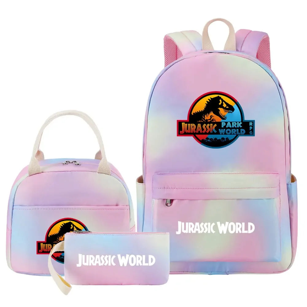 Kawaii Jurassic World Park Girls Kids Pen Lunch Bags Bookbags 3 Pcs Women Teenagers Schoolbags Travel Laptop Rainbow Backpack