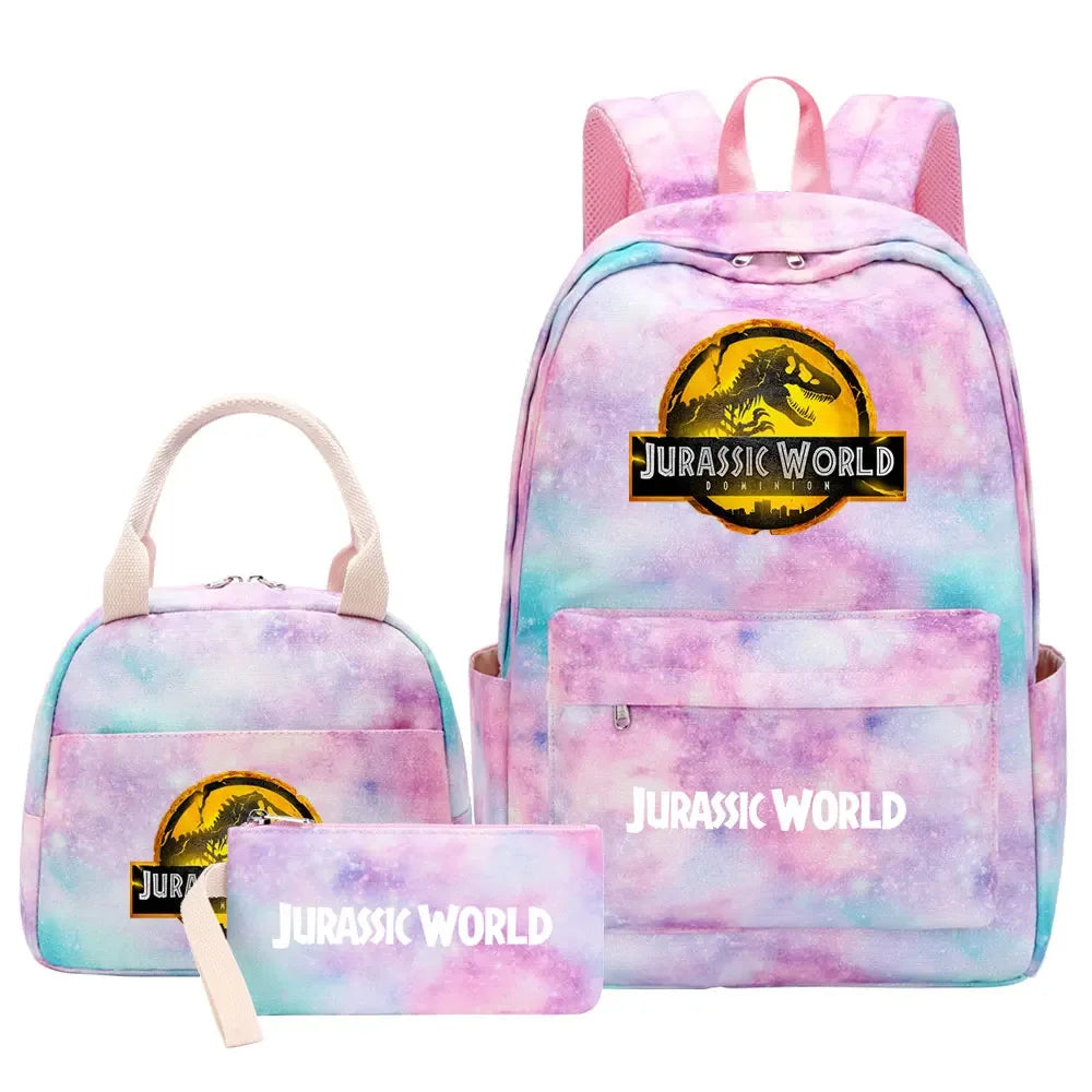 Kawaii Jurassic World Park Girls Kids Pen Lunch Bags Bookbags 3 Pcs Women Teenagers Schoolbags Travel Laptop Rainbow Backpack