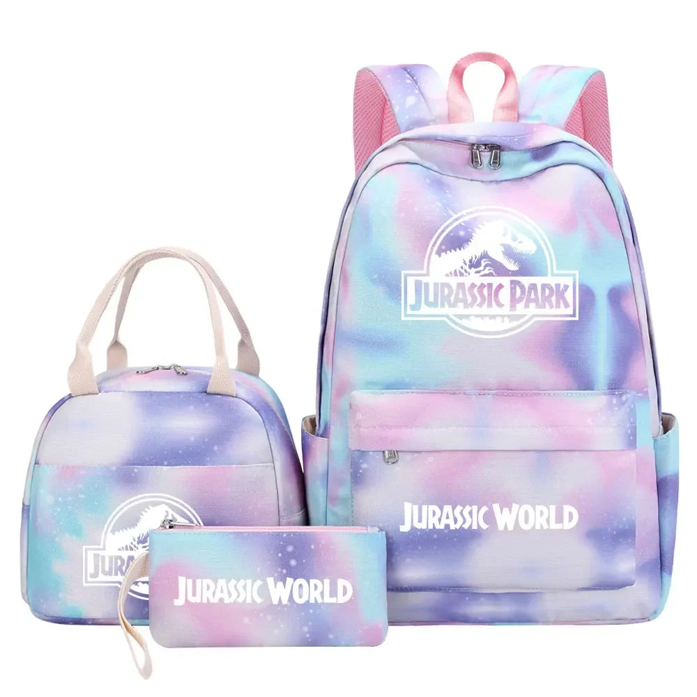 Kawaii Jurassic World Park Girls Kids Pen Lunch Bags Bookbags 3 Pcs Women Teenagers Schoolbags Travel Laptop Rainbow Backpack