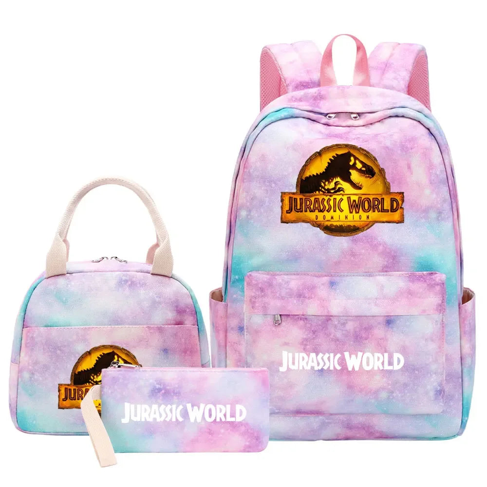 Kawaii Jurassic World Park Girls Kids Pen Lunch Bags Bookbags 3 Pcs Women Teenagers Schoolbags Travel Laptop Rainbow Backpack