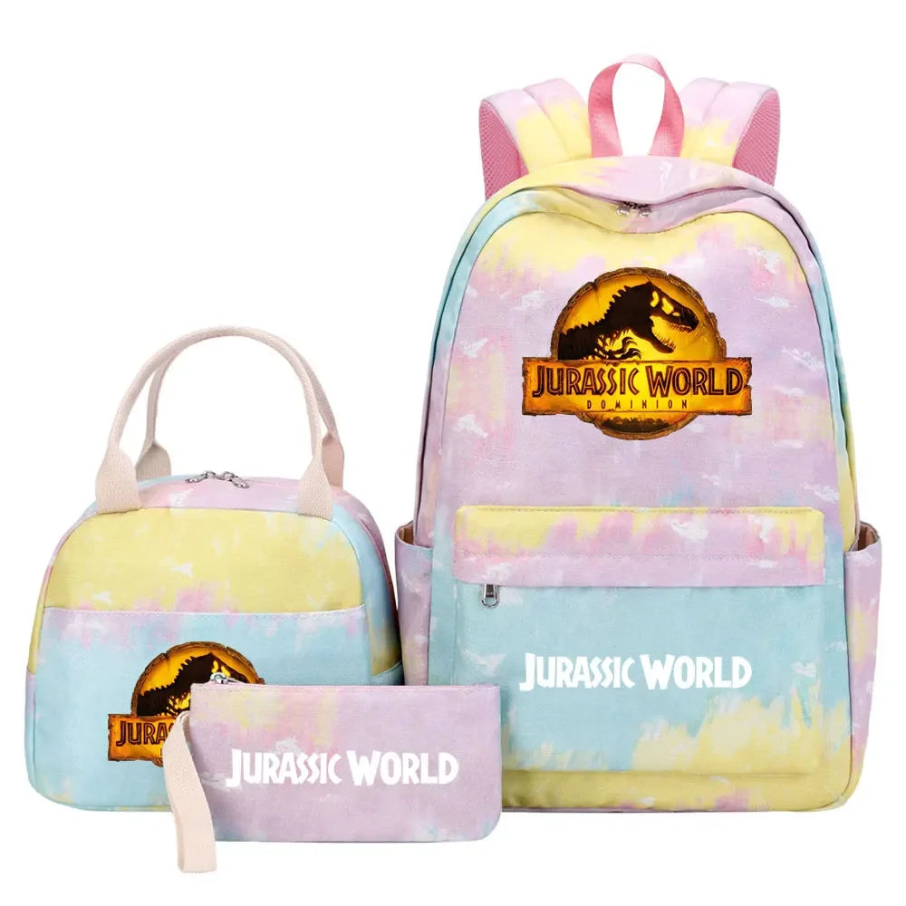 Kawaii Jurassic World Park Girls Kids Pen Lunch Bags Bookbags 3 Pcs Women Teenagers Schoolbags Travel Laptop Rainbow Backpack