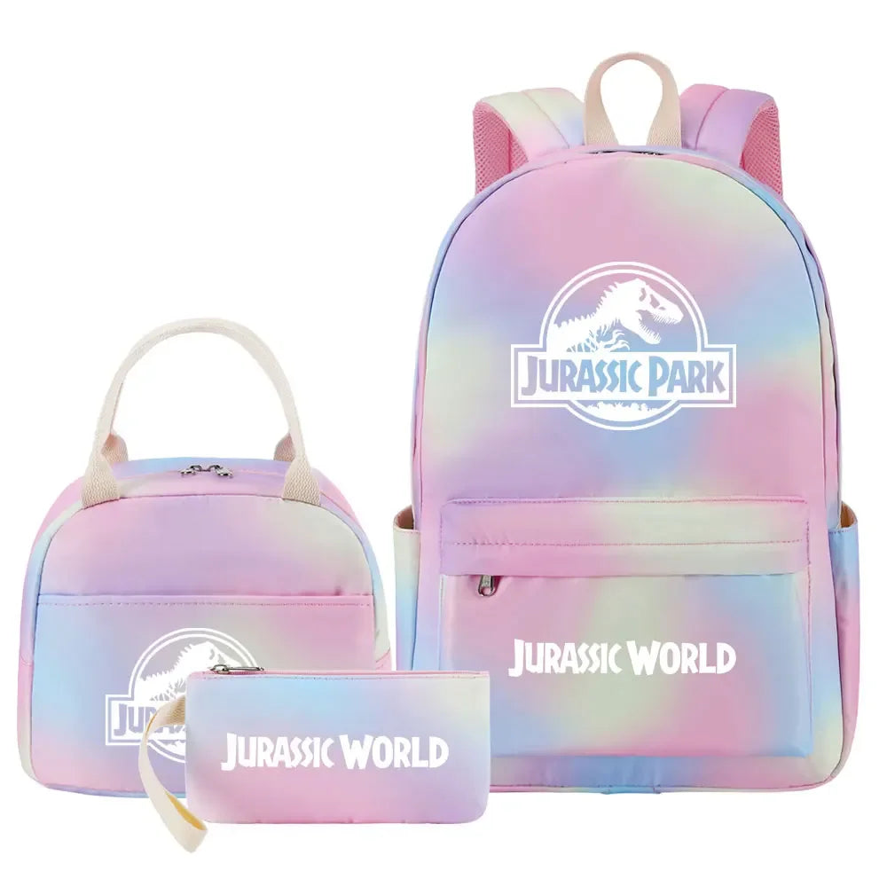 Kawaii Jurassic World Park Girls Kids Pen Lunch Bags Bookbags 3 Pcs Women Teenagers Schoolbags Travel Laptop Rainbow Backpack