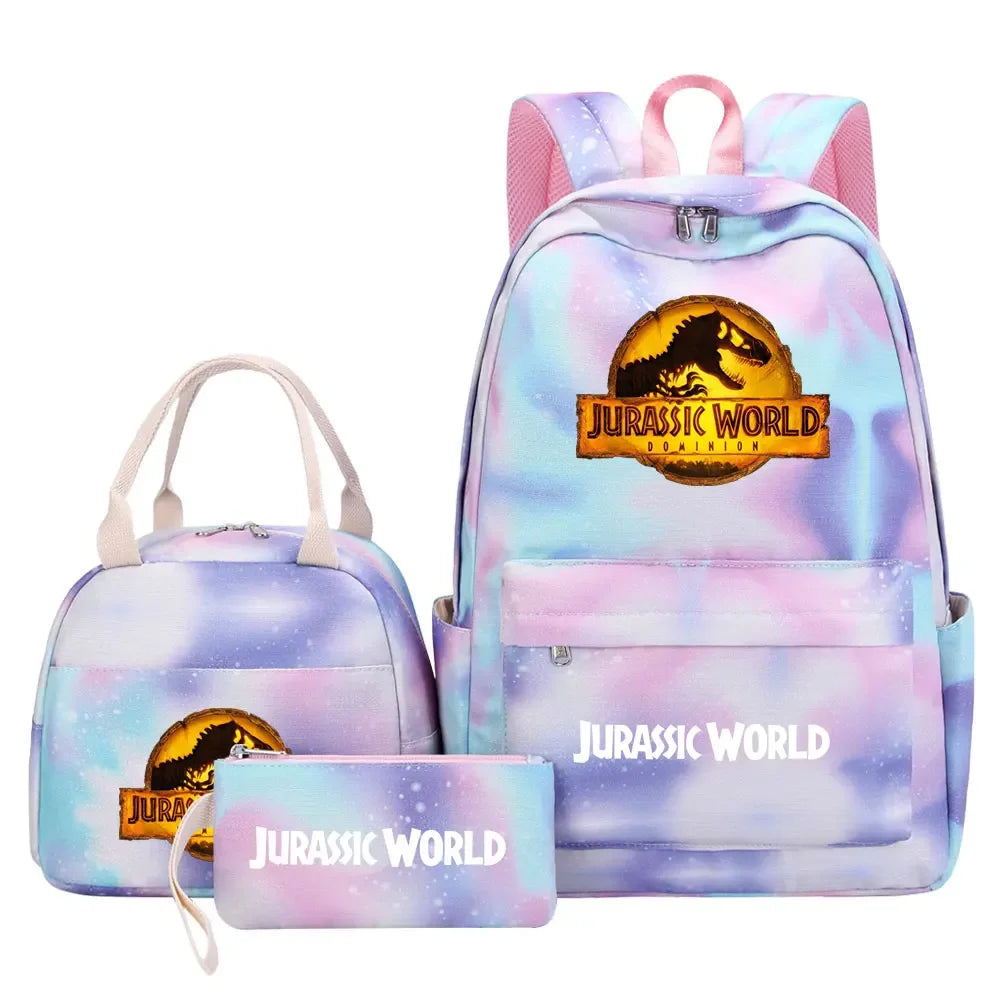 Kawaii Jurassic World Park Girls Kids Pen Lunch Bags Bookbags 3 Pcs Women Teenagers Schoolbags Travel Laptop Rainbow Backpack