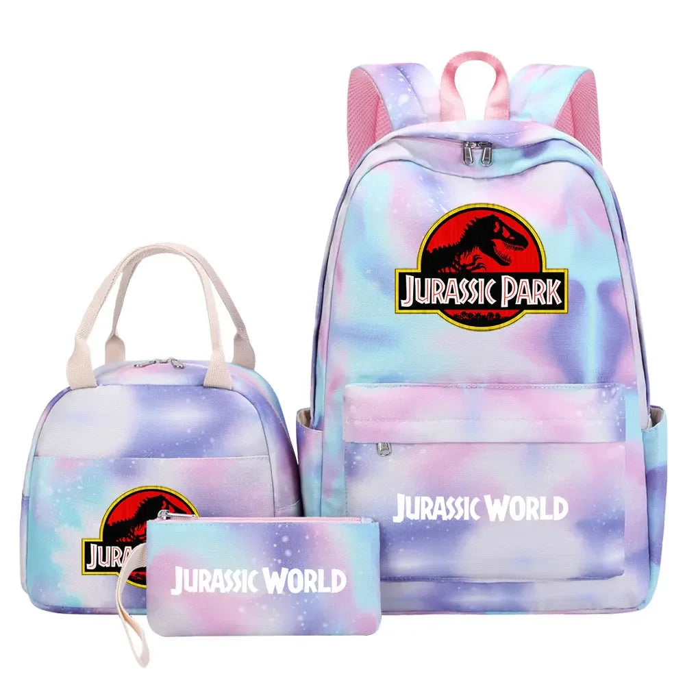 Kawaii Jurassic World Park Girls Kids Pen Lunch Bags Bookbags 3 Pcs Women Teenagers Schoolbags Travel Laptop Rainbow Backpack