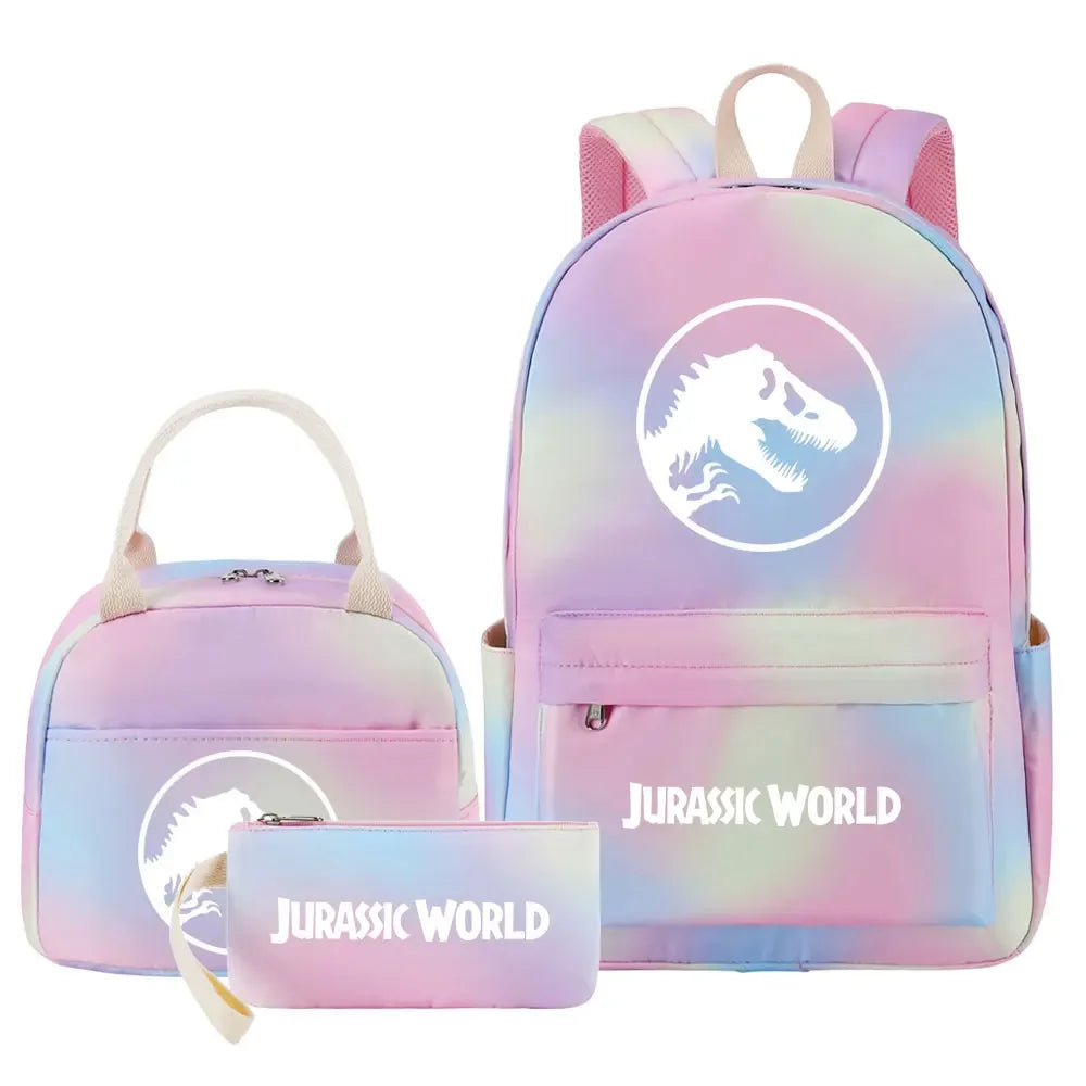 Kawaii Jurassic World Park Girls Kids Pen Lunch Bags Bookbags 3 Pcs Women Teenagers Schoolbags Travel Laptop Rainbow Backpack