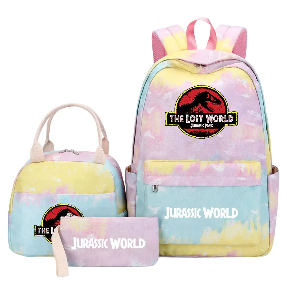 Kawaii Jurassic World Park Girls Kids Pen Lunch Bags Bookbags 3 Pcs Women Teenagers Schoolbags Travel Laptop Rainbow Backpack