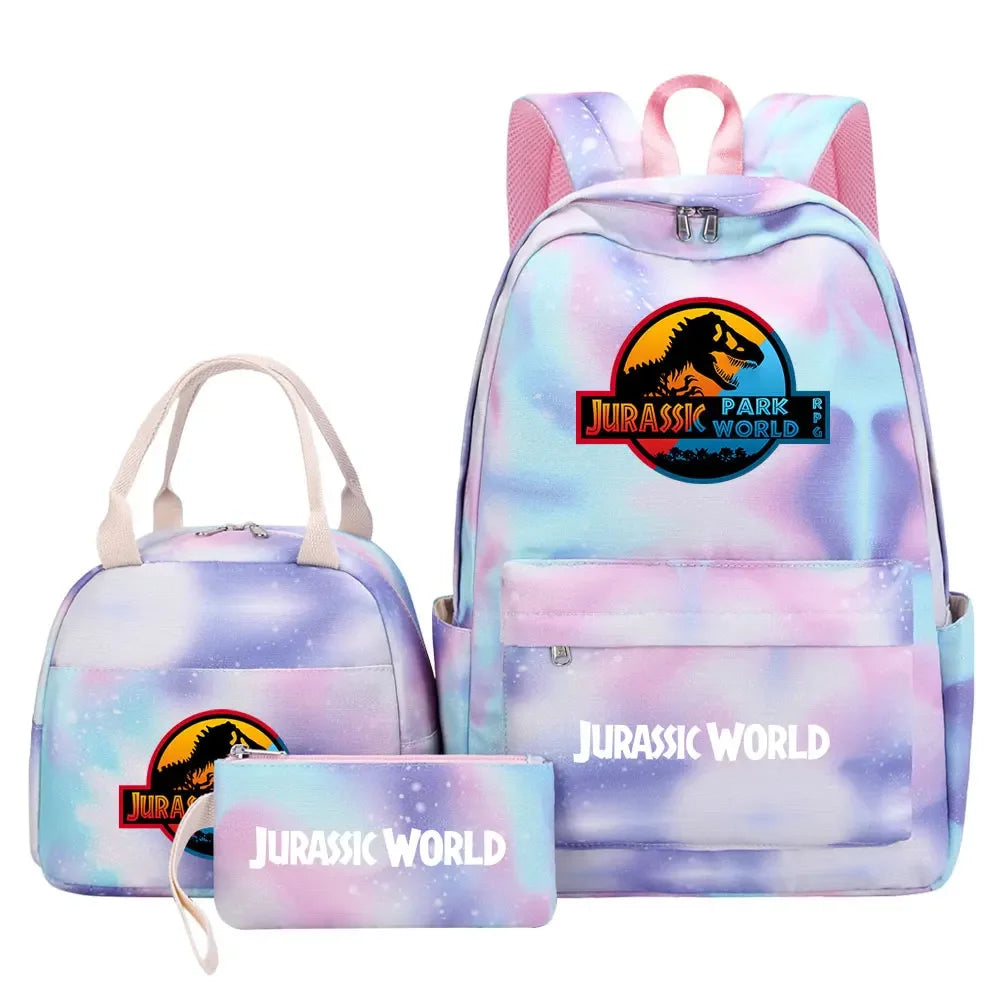 Kawaii Jurassic World Park Girls Kids Pen Lunch Bags Bookbags 3 Pcs Women Teenagers Schoolbags Travel Laptop Rainbow Backpack