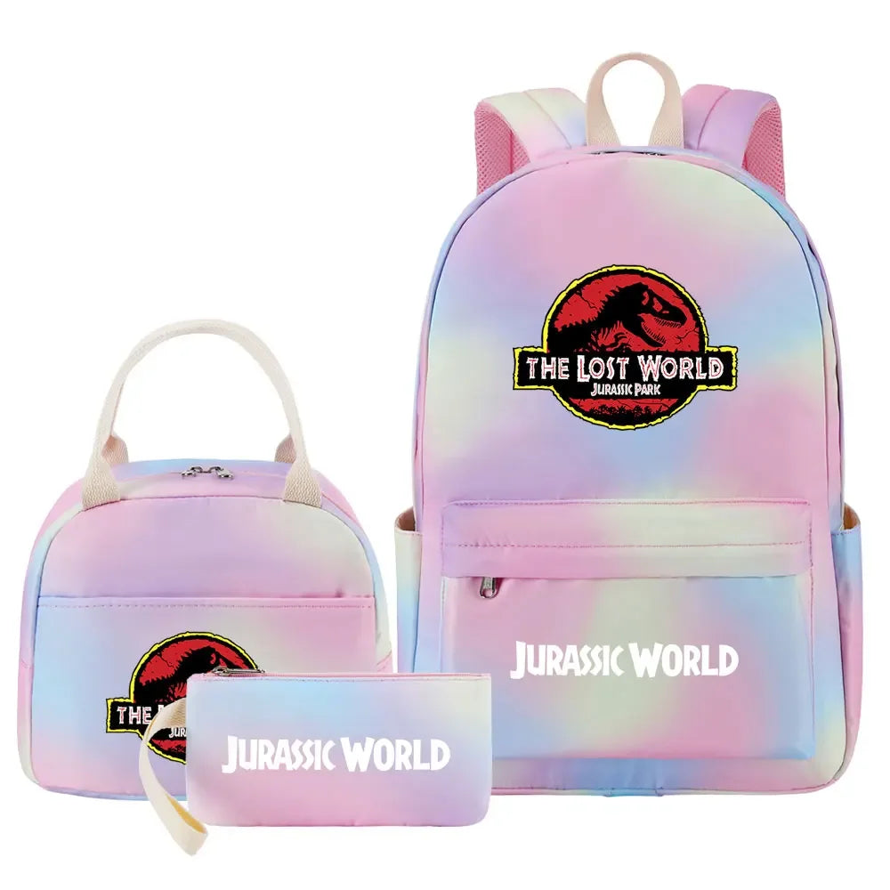 Kawaii Jurassic World Park Girls Kids Pen Lunch Bags Bookbags 3 Pcs Women Teenagers Schoolbags Travel Laptop Rainbow Backpack