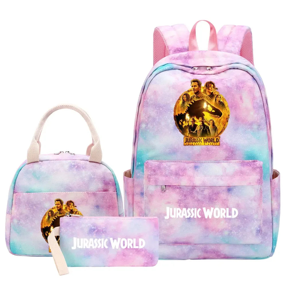 Kawaii Jurassic World Park Girls Kids Pen Lunch Bags Bookbags 3 Pcs Women Teenagers Schoolbags Travel Laptop Rainbow Backpack