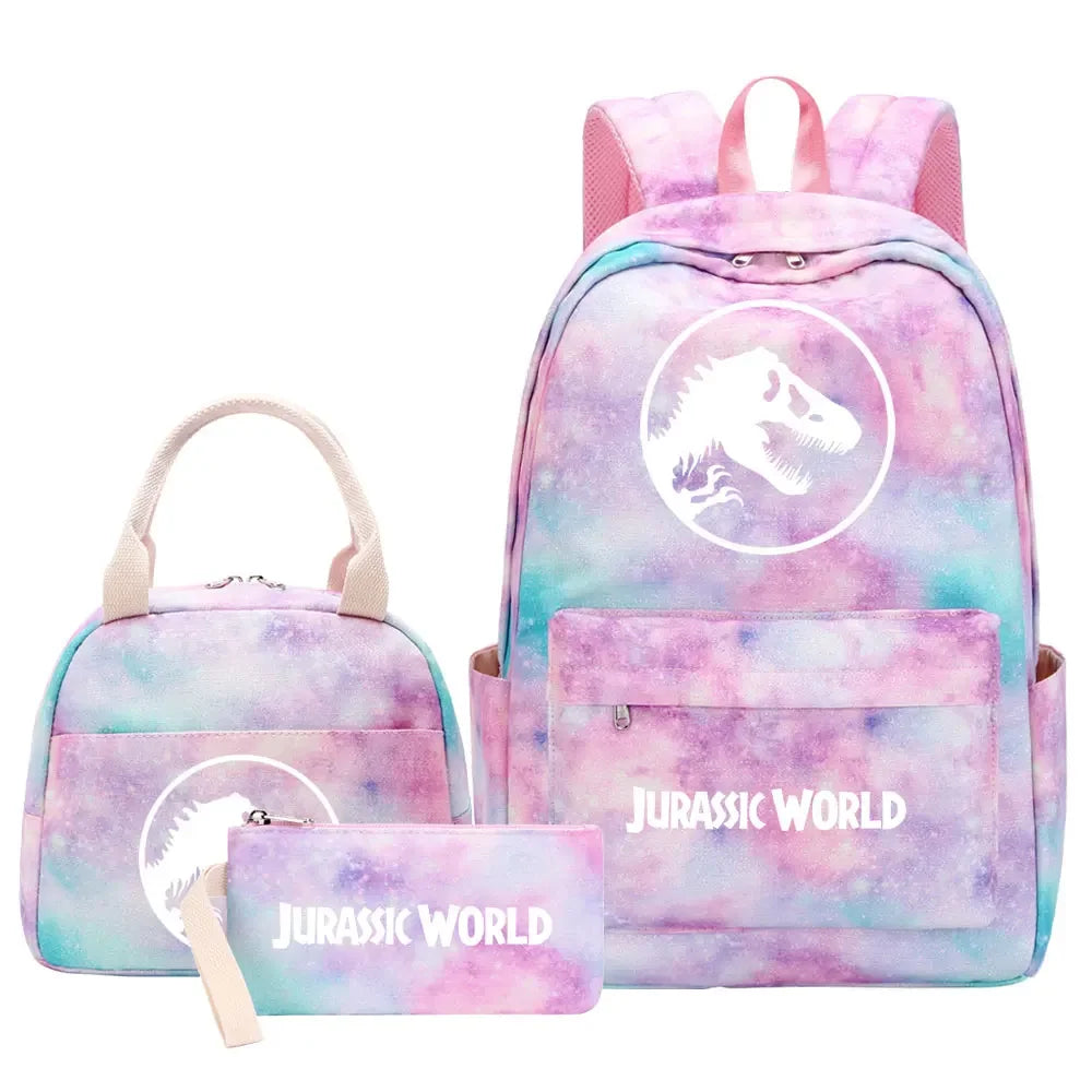 Kawaii Jurassic World Park Girls Kids Pen Lunch Bags Bookbags 3 Pcs Women Teenagers Schoolbags Travel Laptop Rainbow Backpack