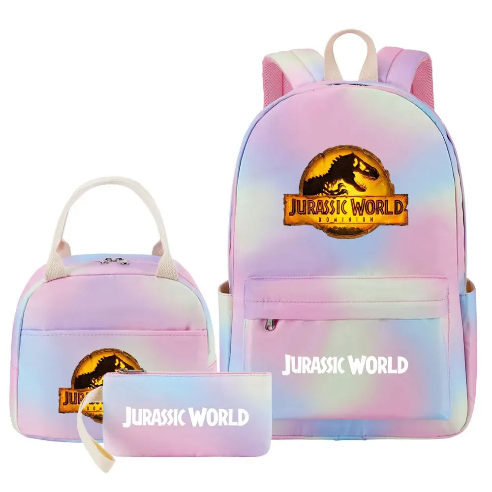 Kawaii Jurassic World Park Girls Kids Pen Lunch Bags Bookbags 3 Pcs Women Teenagers Schoolbags Travel Laptop Rainbow Backpack