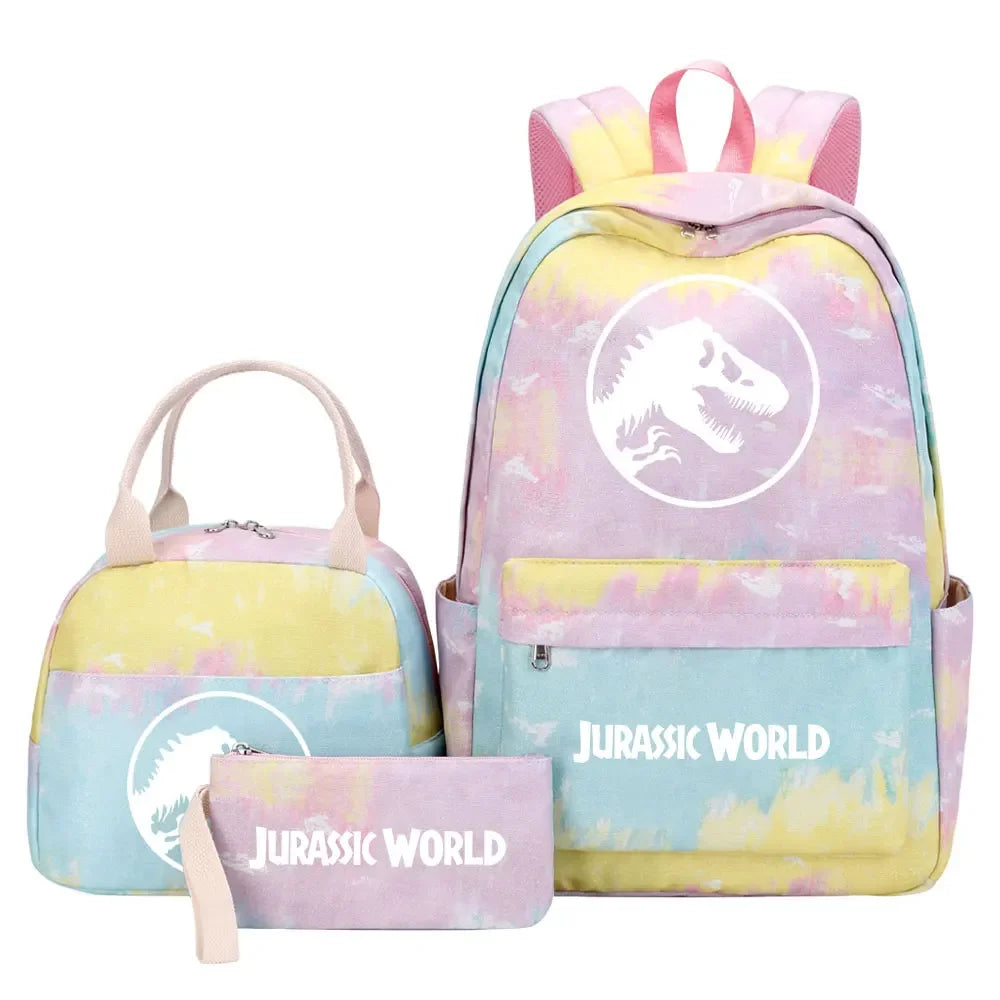 Kawaii Jurassic World Park Girls Kids Pen Lunch Bags Bookbags 3 Pcs Women Teenagers Schoolbags Travel Laptop Rainbow Backpack