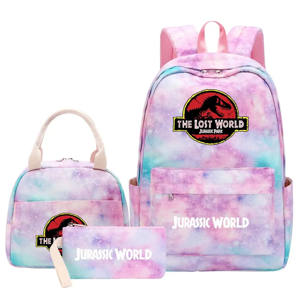 Kawaii Jurassic World Park Girls Kids Pen Lunch Bags Bookbags 3 Pcs Women Teenagers Schoolbags Travel Laptop Rainbow Backpack