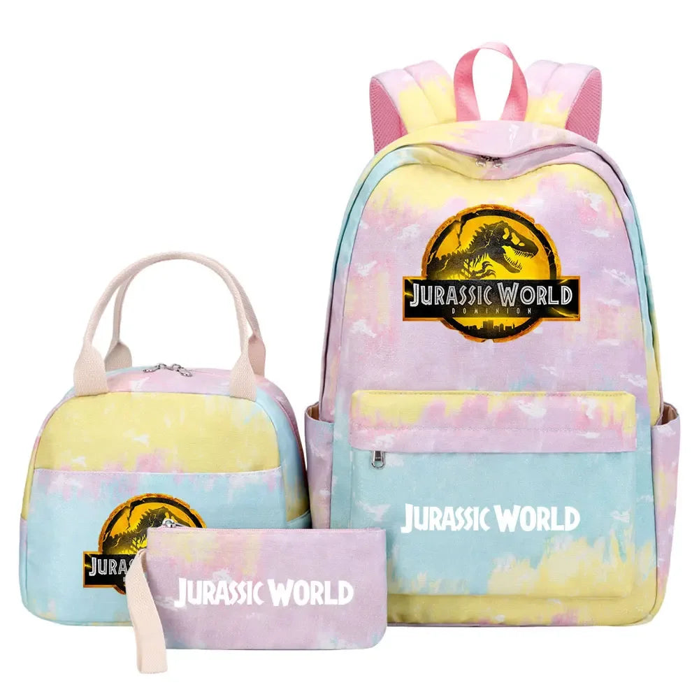 Kawaii Jurassic World Park Girls Kids Pen Lunch Bags Bookbags 3 Pcs Women Teenagers Schoolbags Travel Laptop Rainbow Backpack