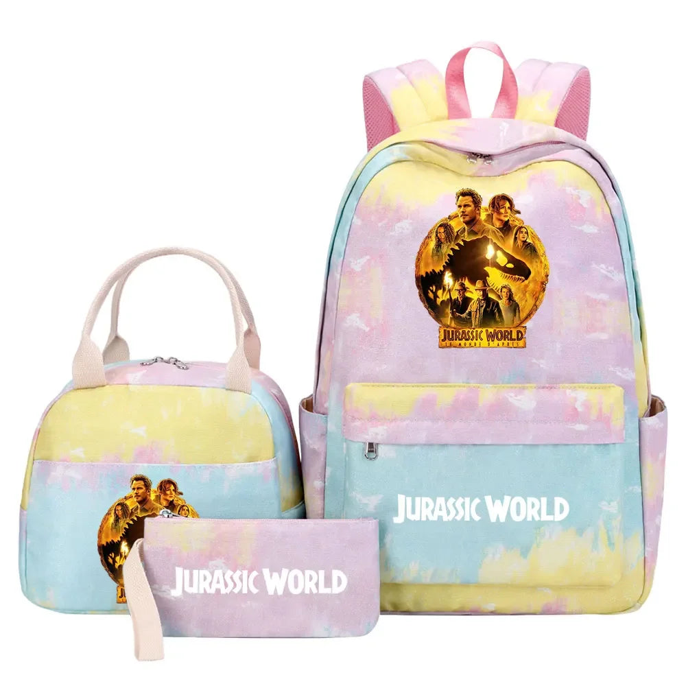 Kawaii Jurassic World Park Girls Kids Pen Lunch Bags Bookbags 3 Pcs Women Teenagers Schoolbags Travel Laptop Rainbow Backpack